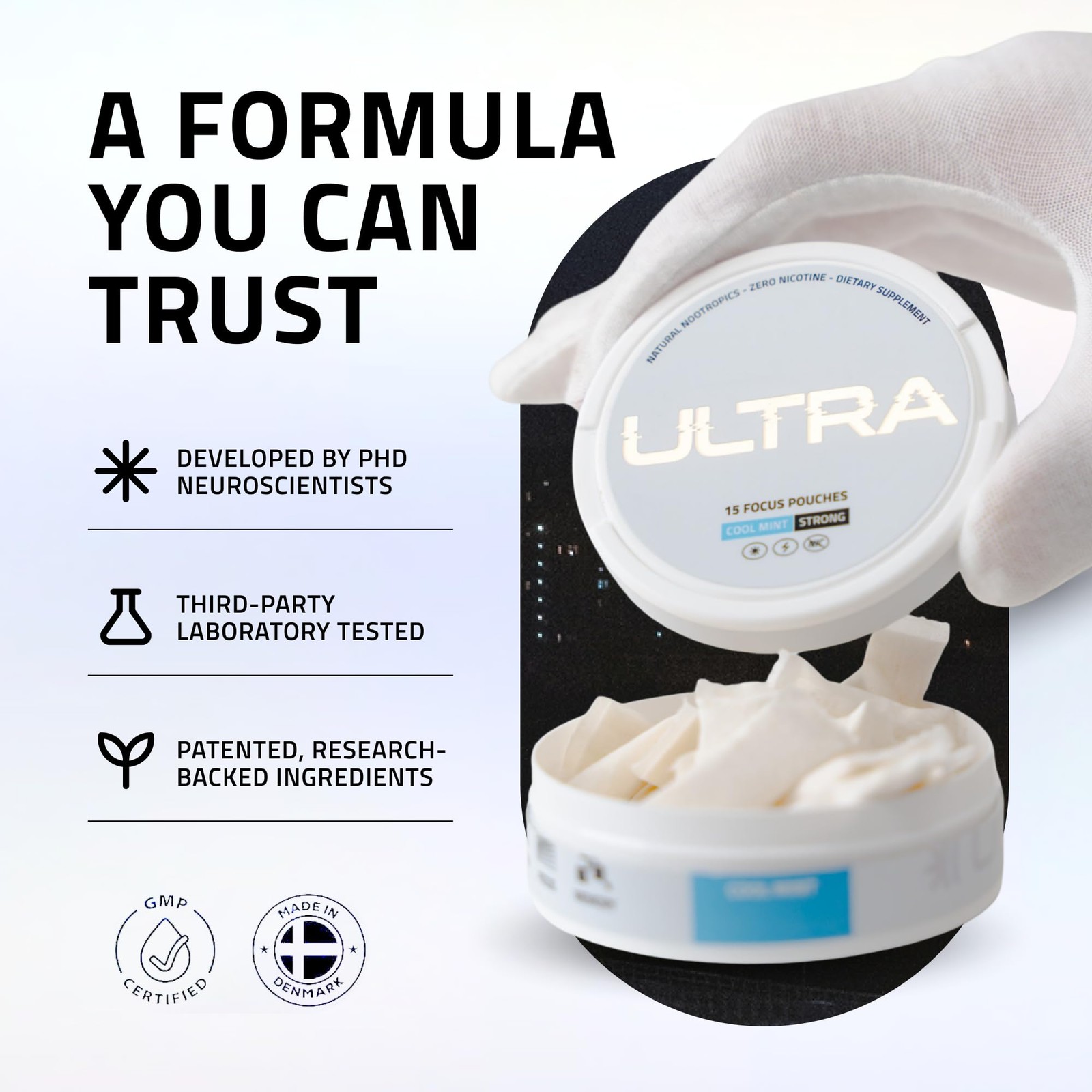 Ultra Focus Nootropic Pouches (Cool Mint, 3 Cans) Nicotine-Free, Caffeine-Fre…