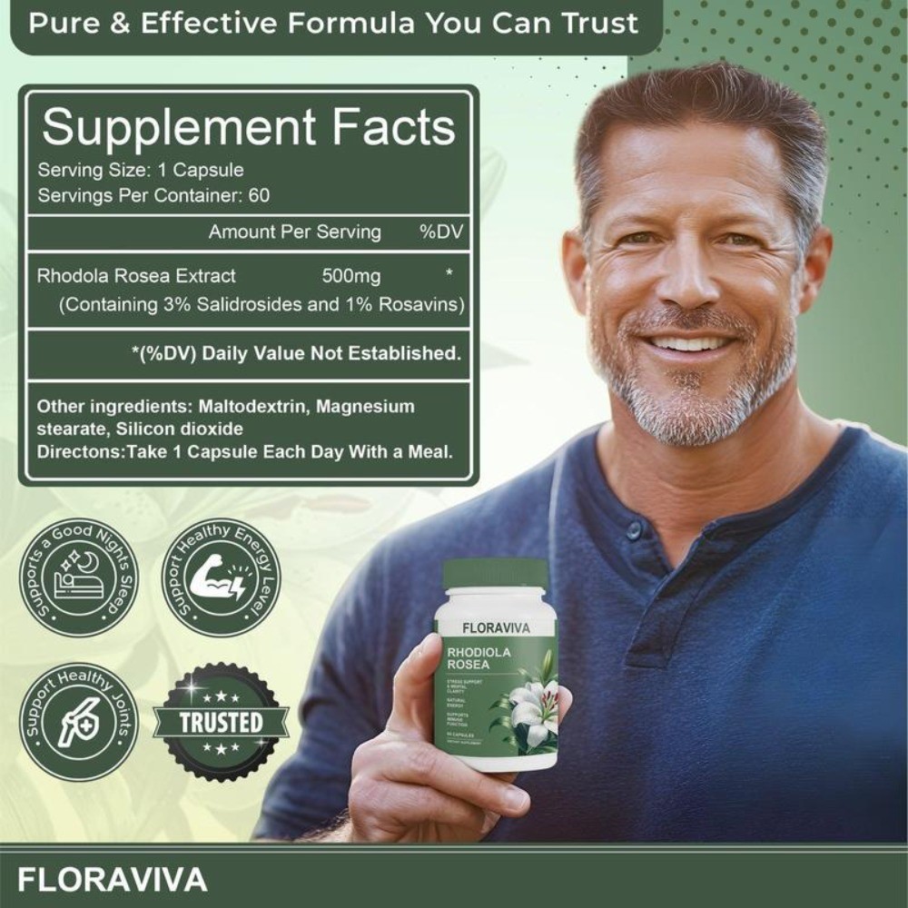 2 BOTTLES—LUXRY NEW Floraviva Rhodiola Rosea Capsules Supplement Healthcare