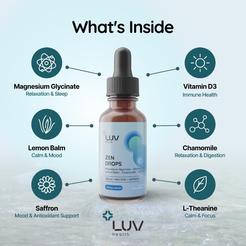 LUV Zen Drops Stress Support containing Magnesium Glycinate and Lemon Balm Vegan