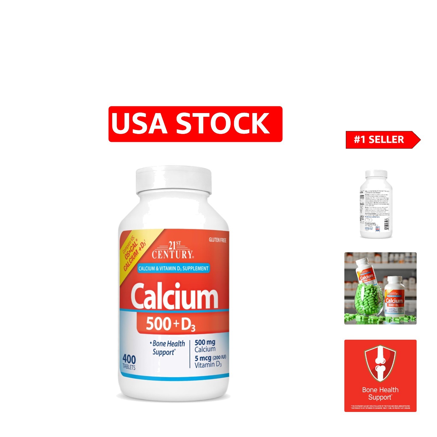 500 mg Calcium with Vitamin D3 – 400 Gluten-Free Tablets for Bone Strength