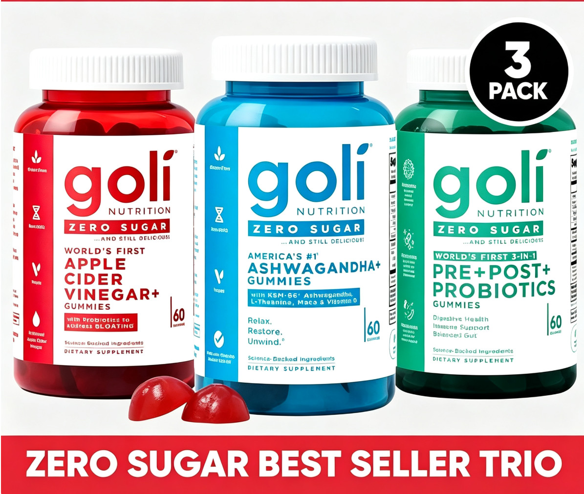 Zero Sugar Goli Gummy 3 Pack ACV Ashwagandha Probiotic Pre Post Blend