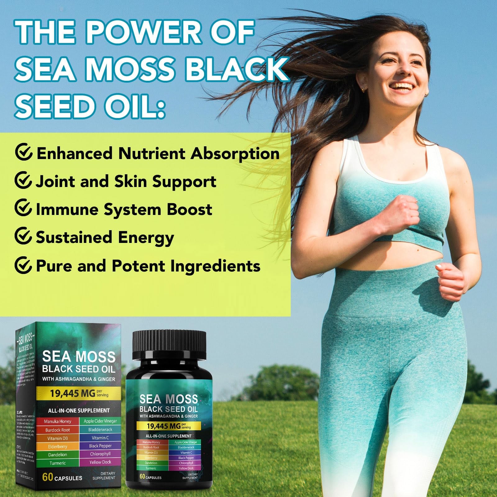 Sea Moss Black Seed Oil Capsules, 60 Count, Enhanced Immunity & Energy