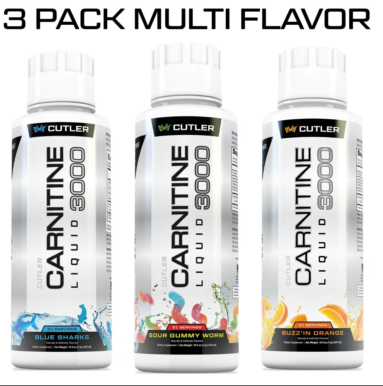 Cutler Nutrition 3 Pack Multi Flavor Carnitine Liquid 3000 Energy Sport Beverage
