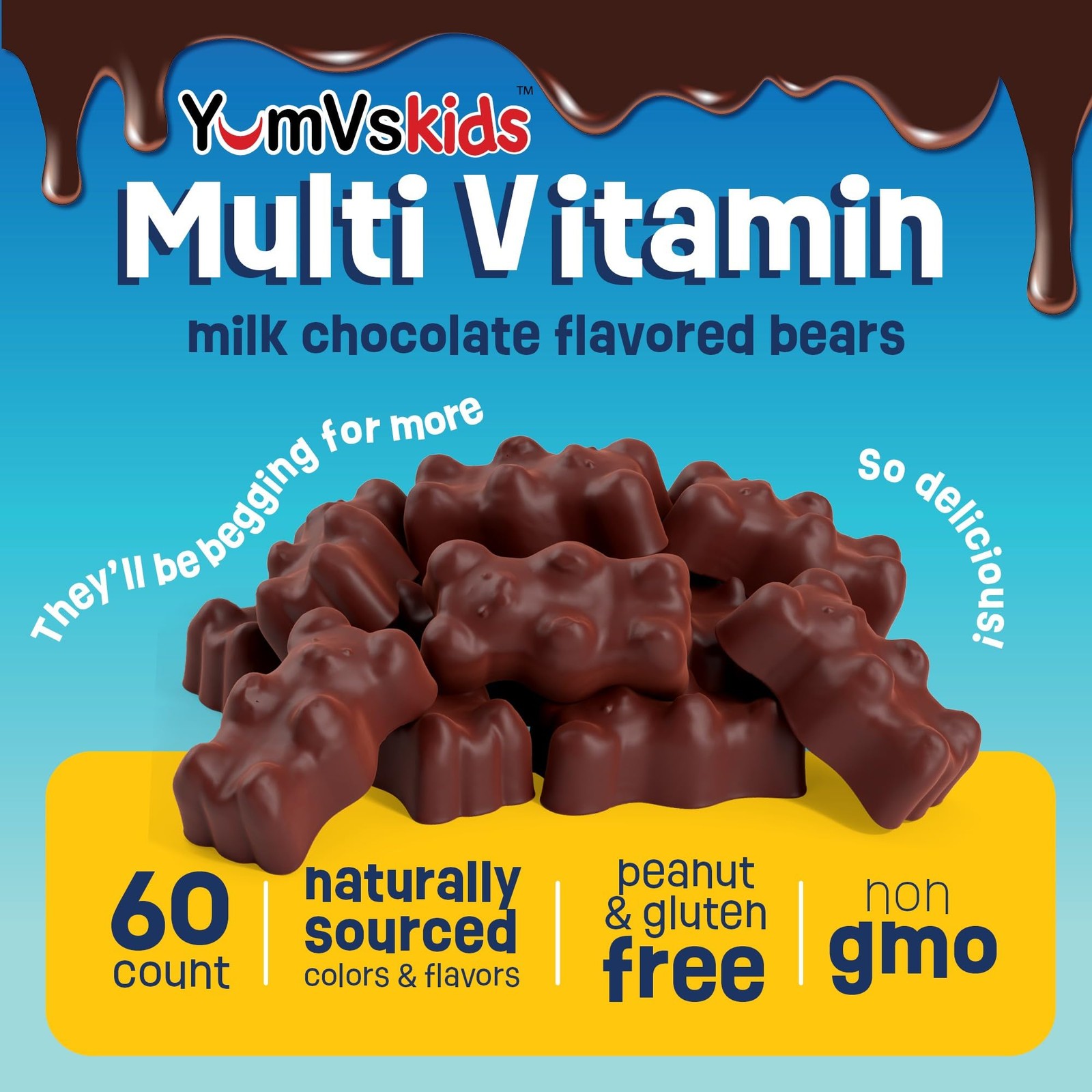 Kids Chewable Multivitamins – 60 Count Chocolate Bears with 16 Vitamins &