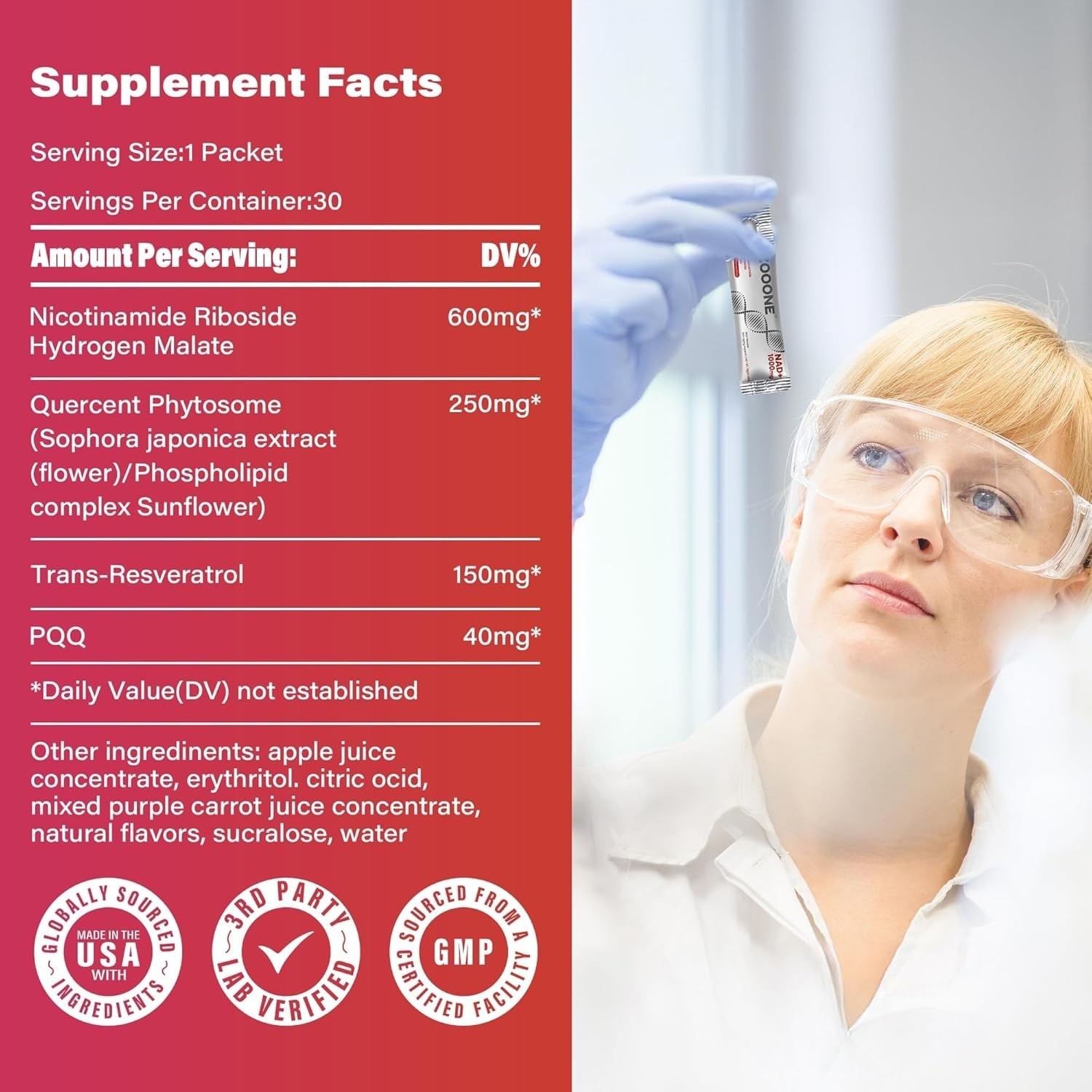 ZOOONE NR1000 -NAD+ Berry Flavor Drink Mix For Skin Aging Support Energy, Focus