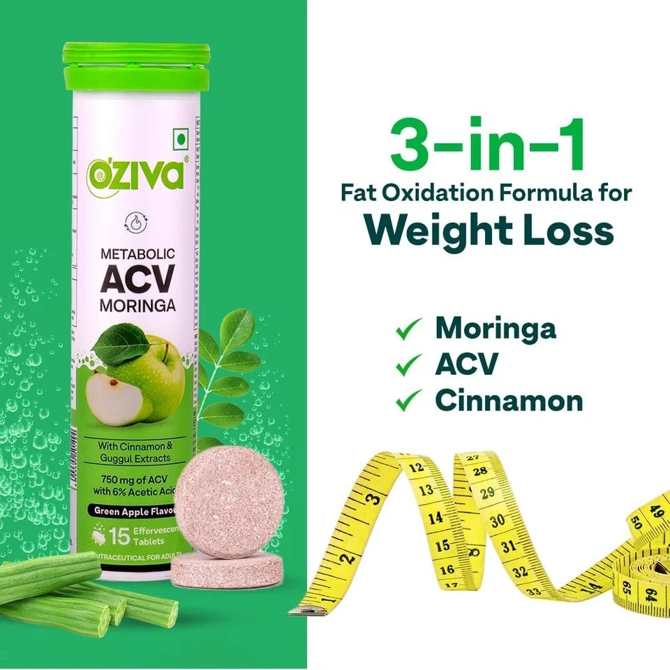 OZiva ACV Moringa Effervescent Tablets Green Apple 60 Tablets 4 Pack