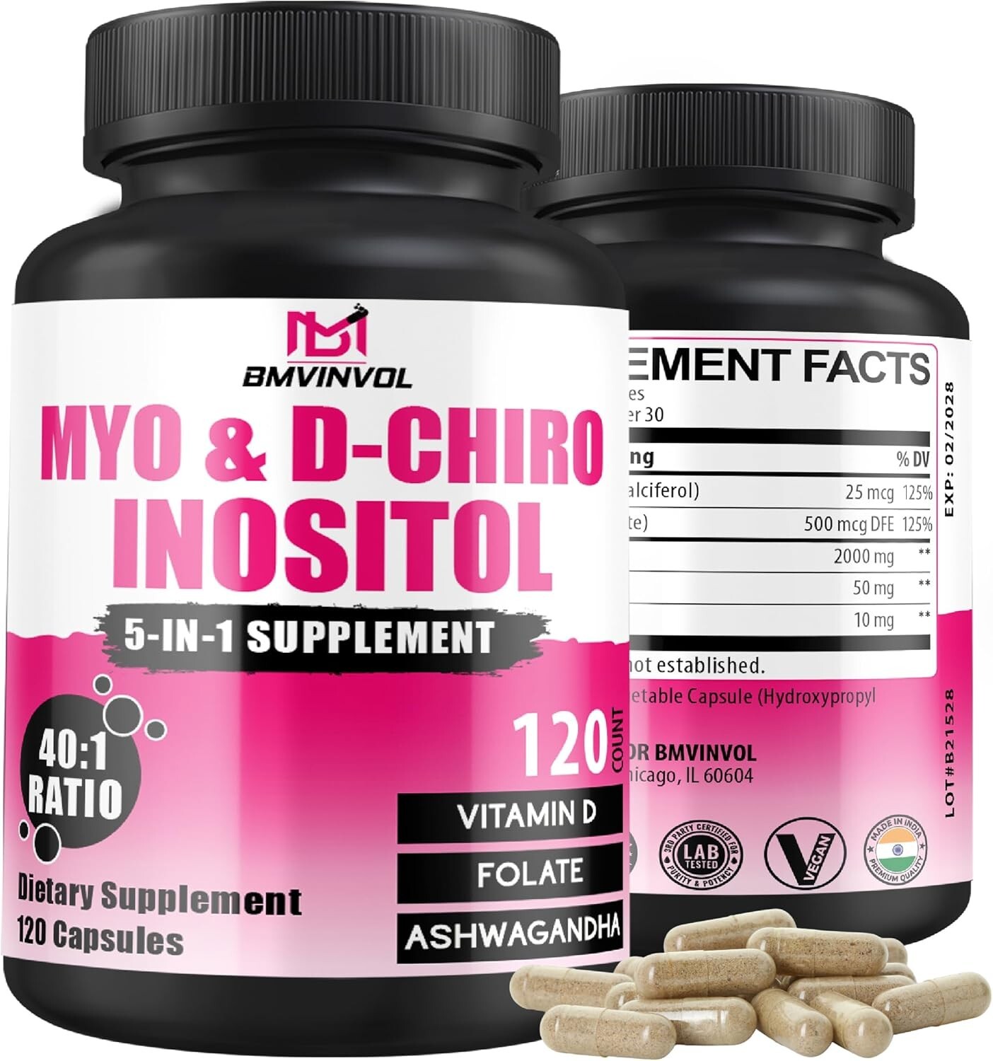 BMVINVOL Myo-Inositol & D-Chiro Inositol Capsules with Folate, Vitamin D- Hor…