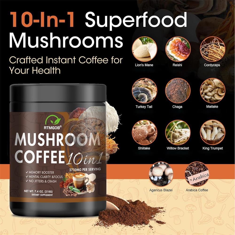 1-3x Organic Instant Coffee Powder Mushroom Coffee 210G Brain Memory Focus Boost