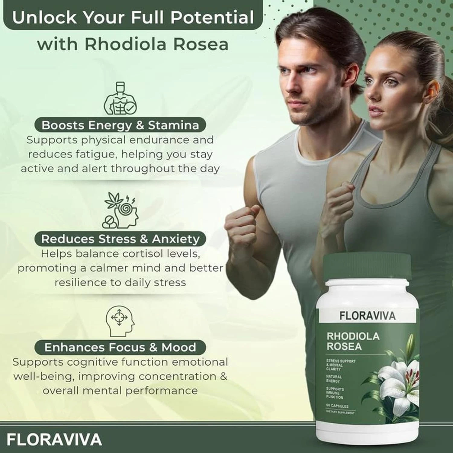 Floraviva Rhodiola Rosea Capsules Designed for Stress Relief & Energy,Non-GMO