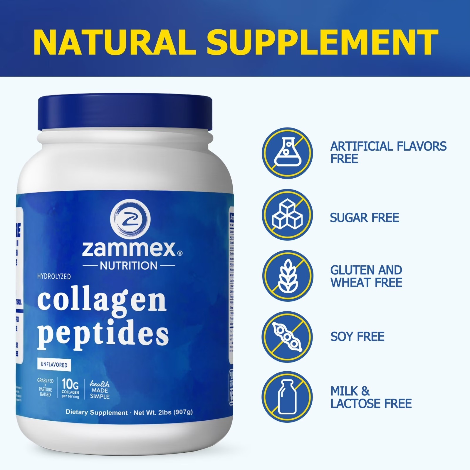 Zammex Collagen Peptides Powder Unflavored Hydrolyzed Collagen AntiAging Protein