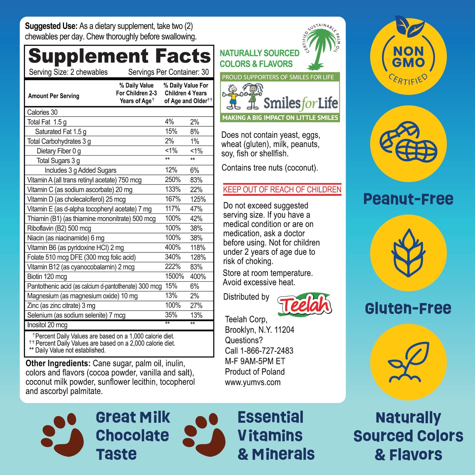 Kids Chewable Multivitamins – 60 Count Chocolate Bears with 16 Vitamins &