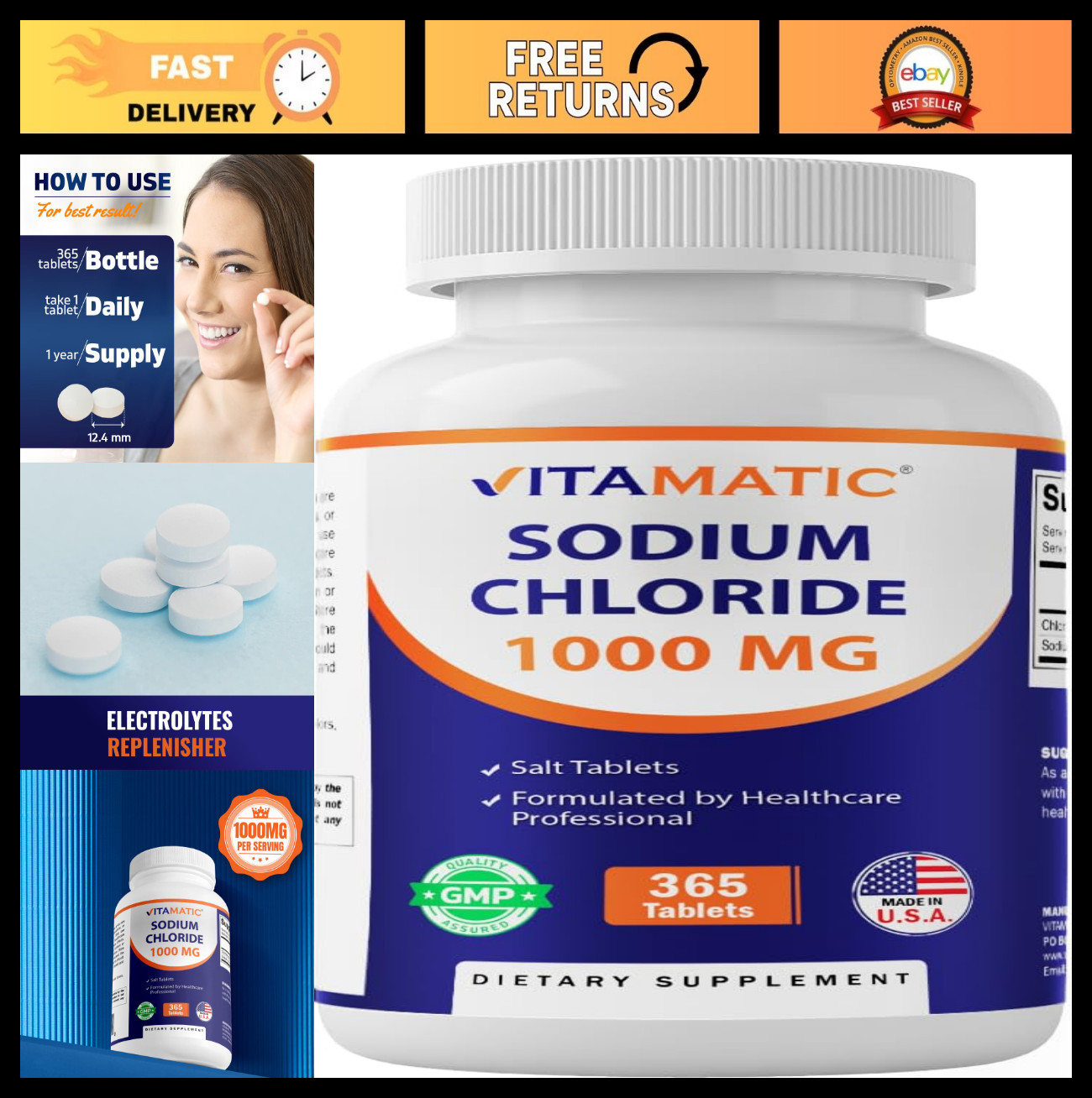 Sodium Chloride 1000mg – 365 Tablets for Electrolyte Balance & Hydration Support