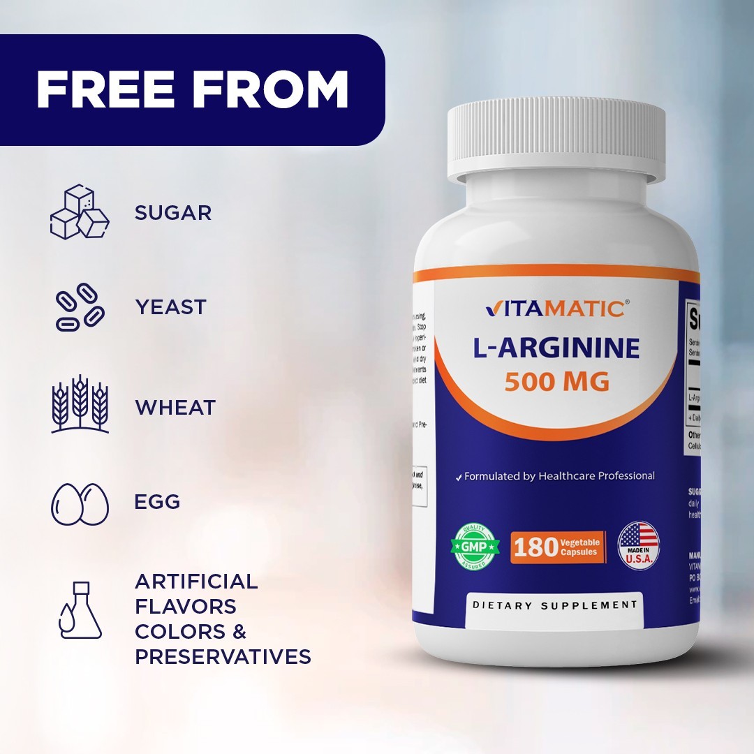 Vitamatic L-Arginine 500mg, 180 Vegetarian Capsules – Amino Acid Supplement