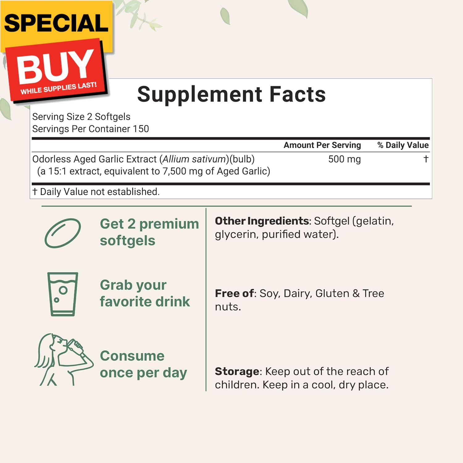 Odorless Garlic 7500mg Per Servings, 300 Softgels | 2 Years Aged Garlic Extract,