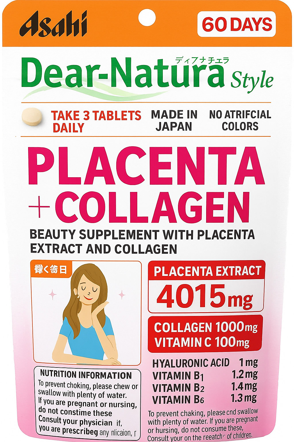 Asahi Dear-Natura Style Placenta × Collagen 180 Tablets (60 Days) Made in Japan