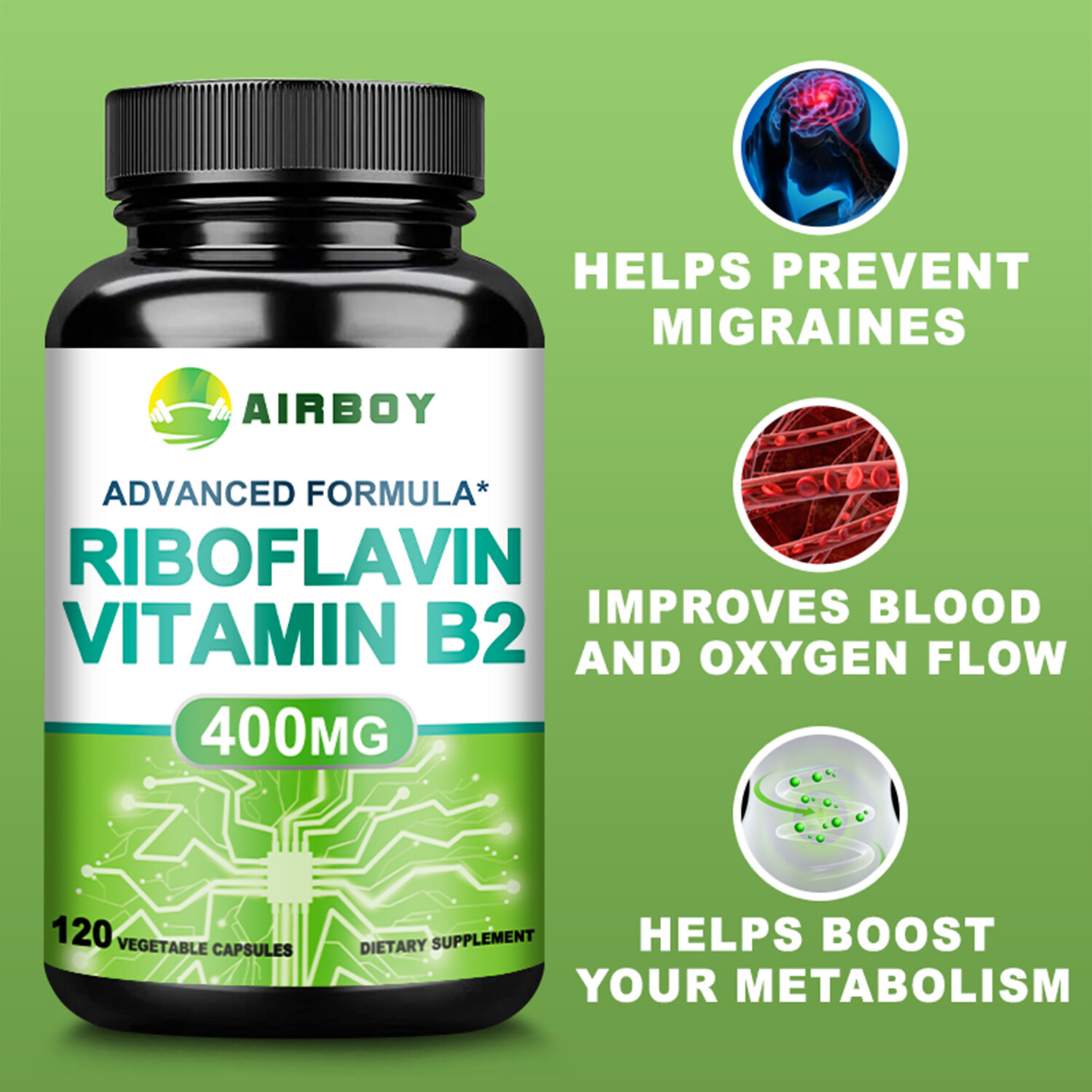 120pcs Riboflavin Vitamin B2 400mg Capsules – Energy Support,Gluten Free,Non-GMO