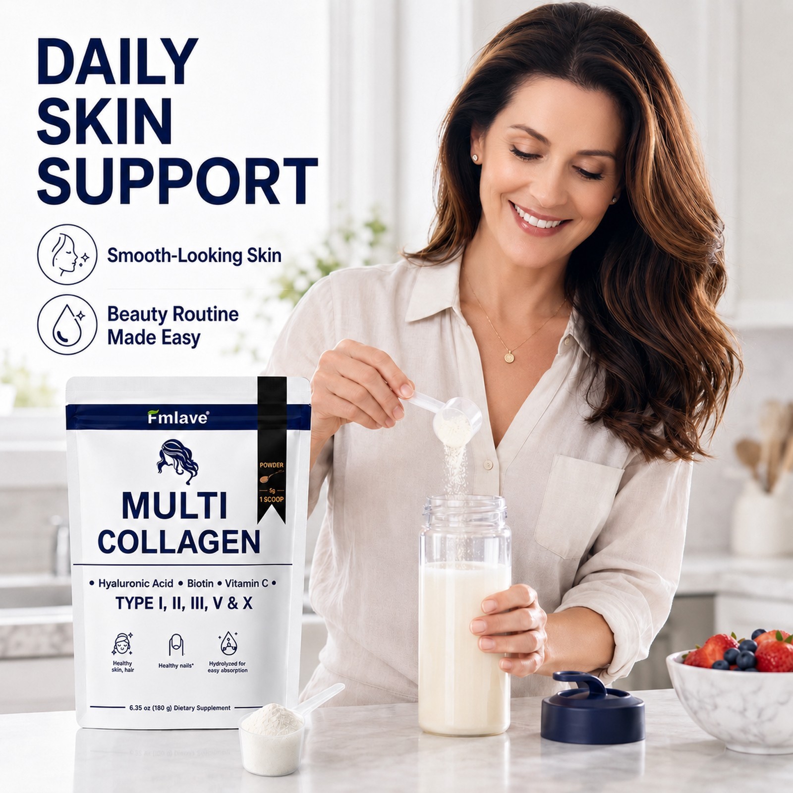 Multi Collagen Peptides Powder Type I II III V X VitaminC Biotin Hyaluronic Acid