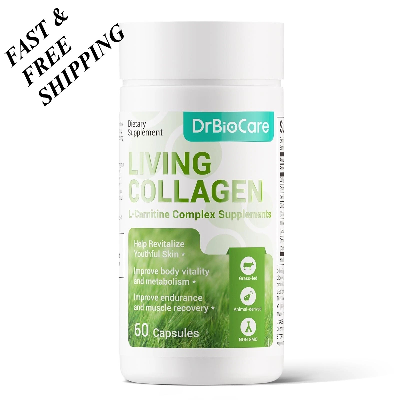 DrBioCare Living Collagen L-Carnitine Complex – 60 Capsules, Non-GMO, Grass-Fed