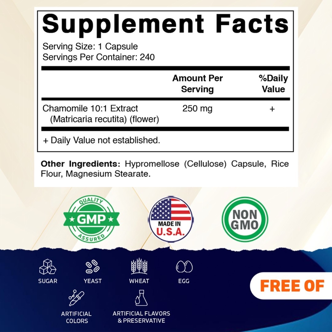 Vitamatic Chamomile 250 mg 10:1 Extract – 240 Veg Capsules