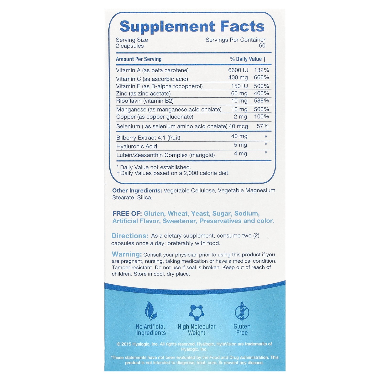 Hyalogic LLC Hylavision Hyaluronic Acid 120 Capsules Gluten-Free, No Artificial