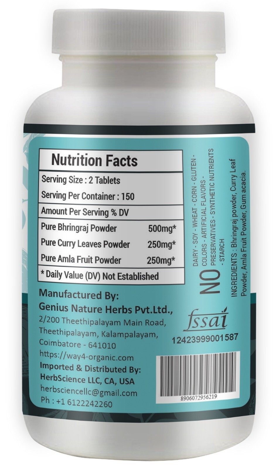 Bhringraj, Curry Leaves and Amla Fruit in (50:25:25), Hair Supplement, 300 pills