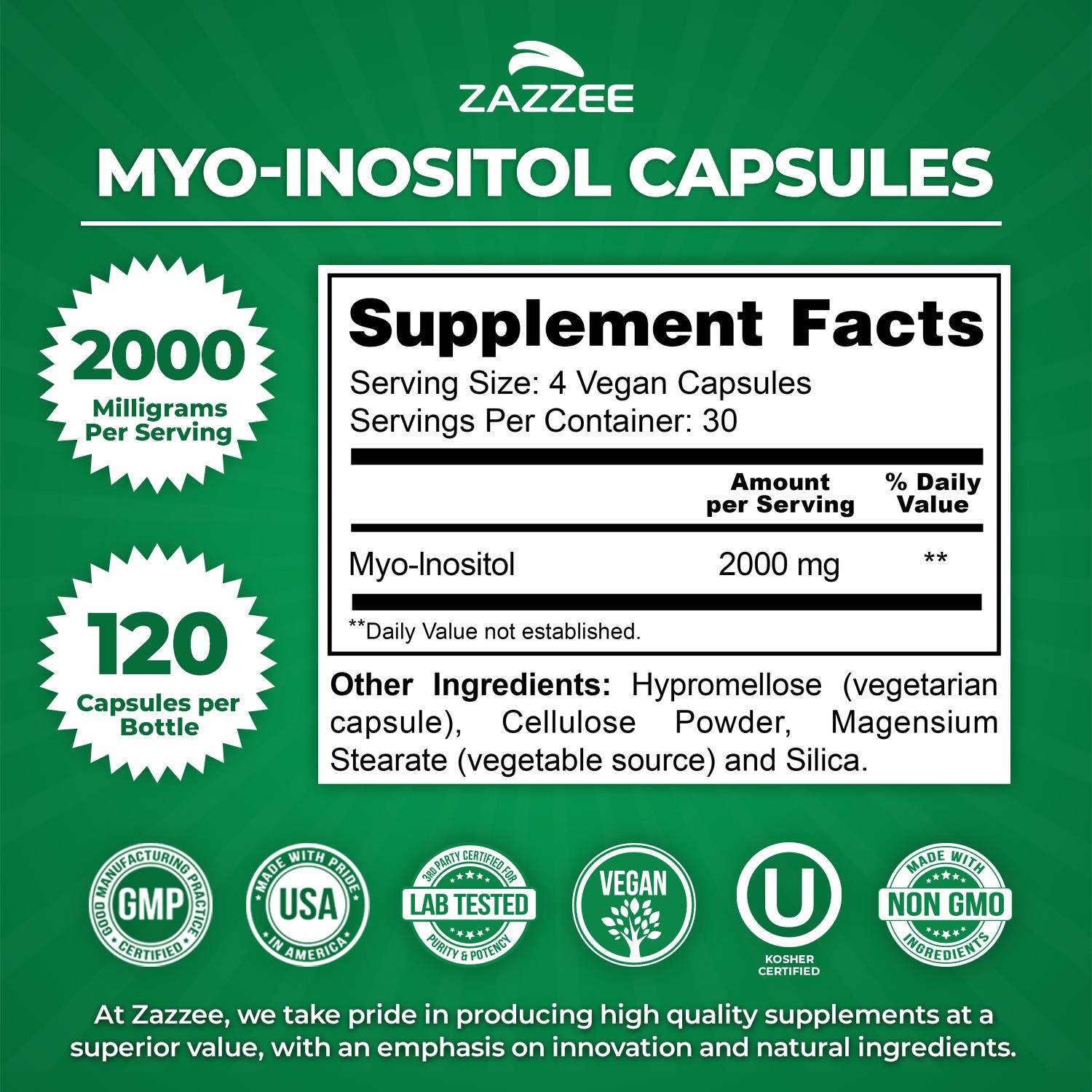 Myo-Inositol for PCOS 120 Veggie Capsules 2000 mg Fertility Treatment Non-GMO