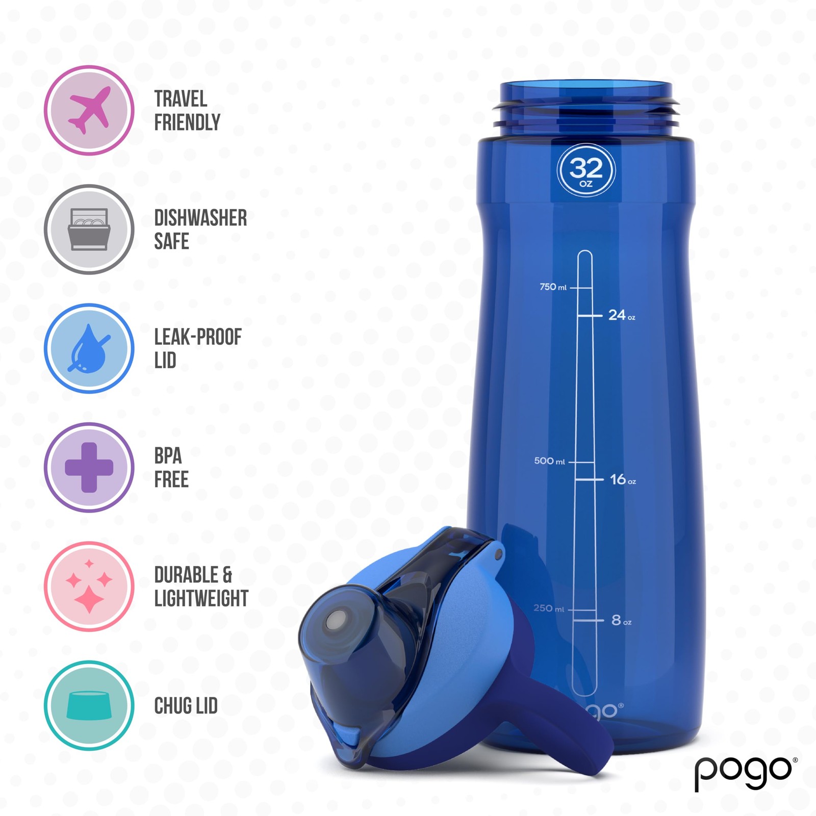 Pogo BPA-Free Tritan Plastic Water Bottle with Chug Lid, 32 32 Ounces, Blue