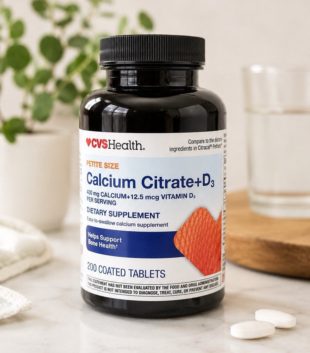 CVS Health Calcium Citrate + D3 Petite Tablets 200 Ct Gluten-Free Bone Health