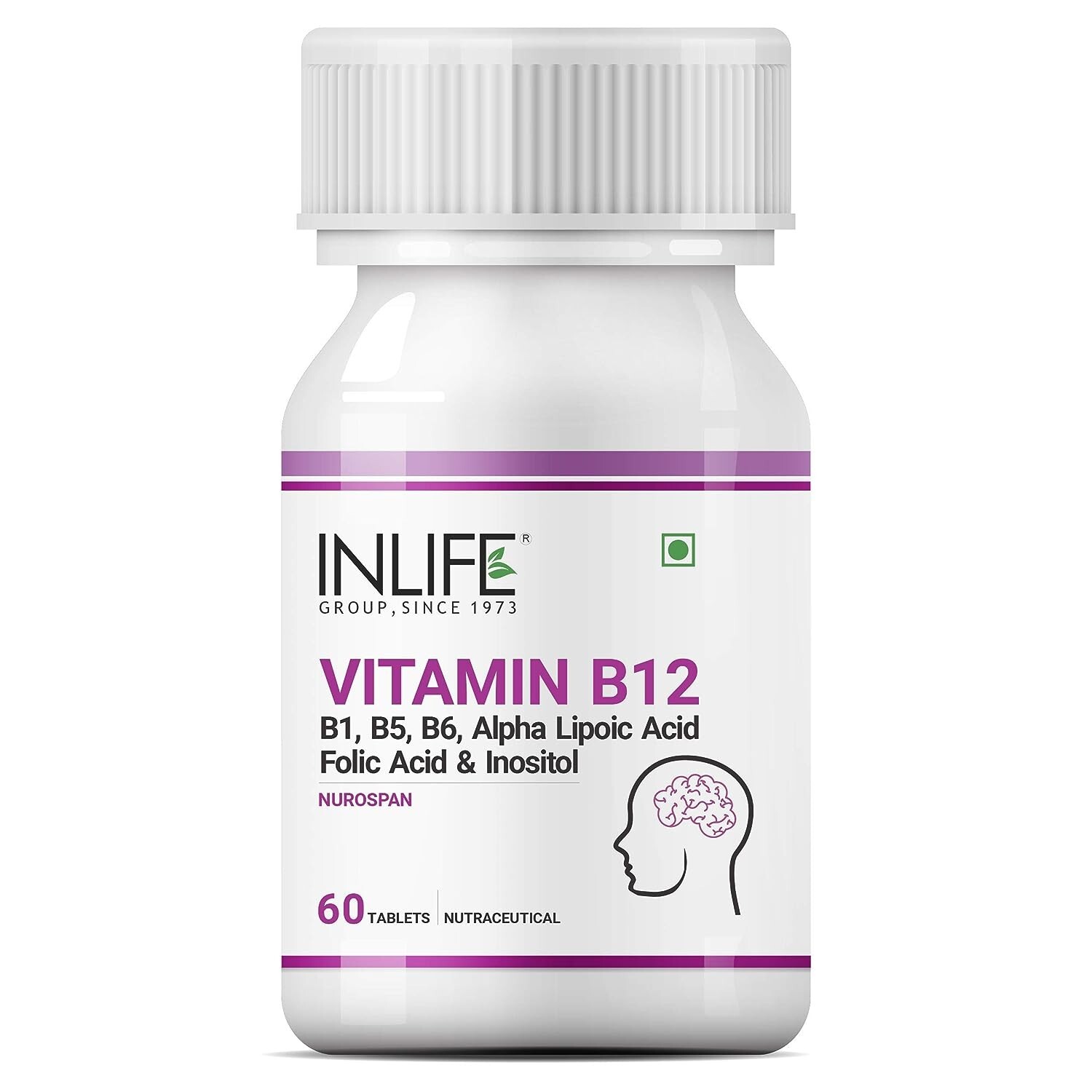INLIFE Vitamin B12 with B1, B5, B6, Alpha Lipoic Acid ALA, Folic Acid, 60 tablet