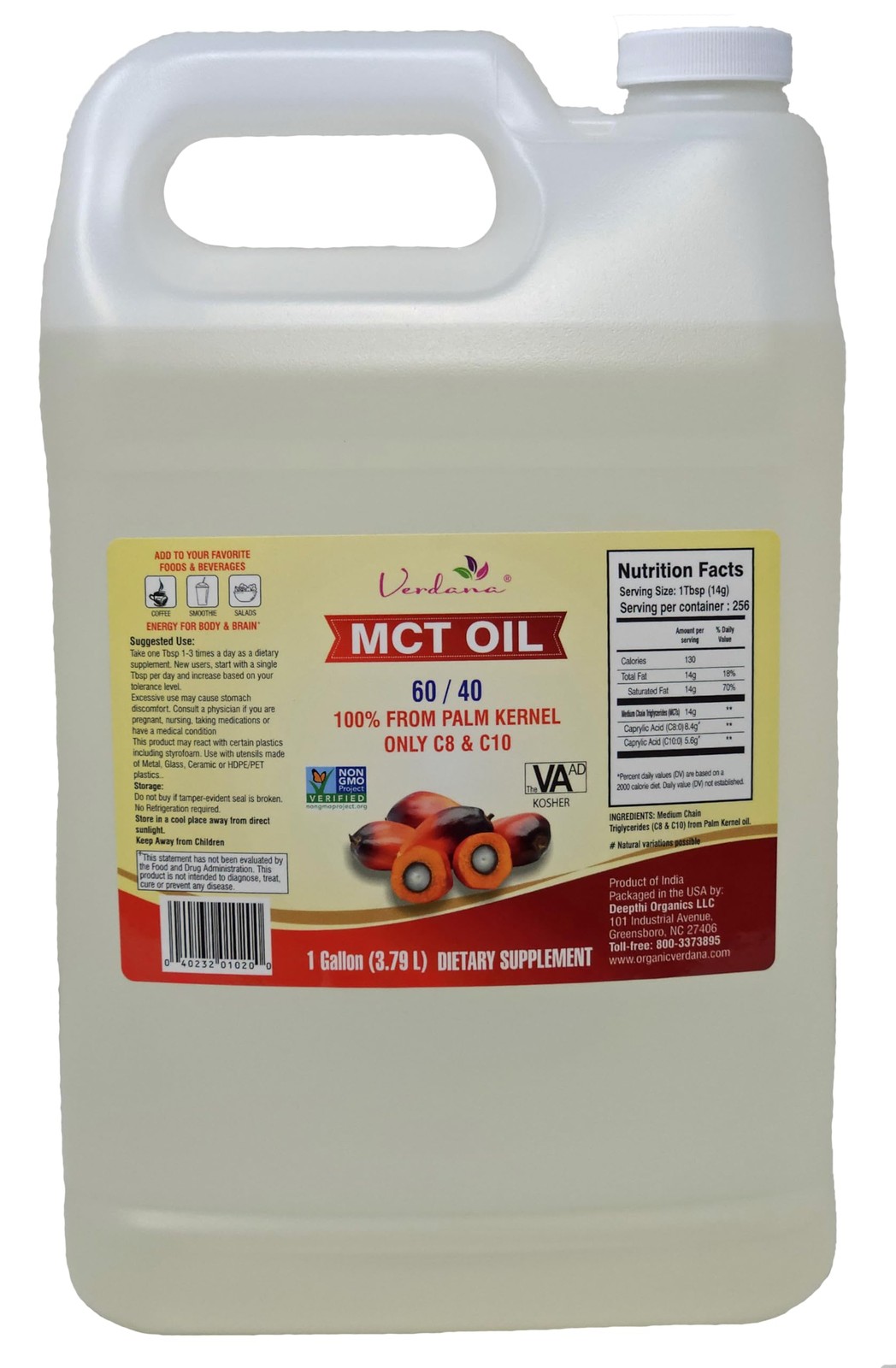 Verdana Food Grade MCT Oil – 1 Gallon (128 Fl Oz) – Premium C8/C10 Triglycerides