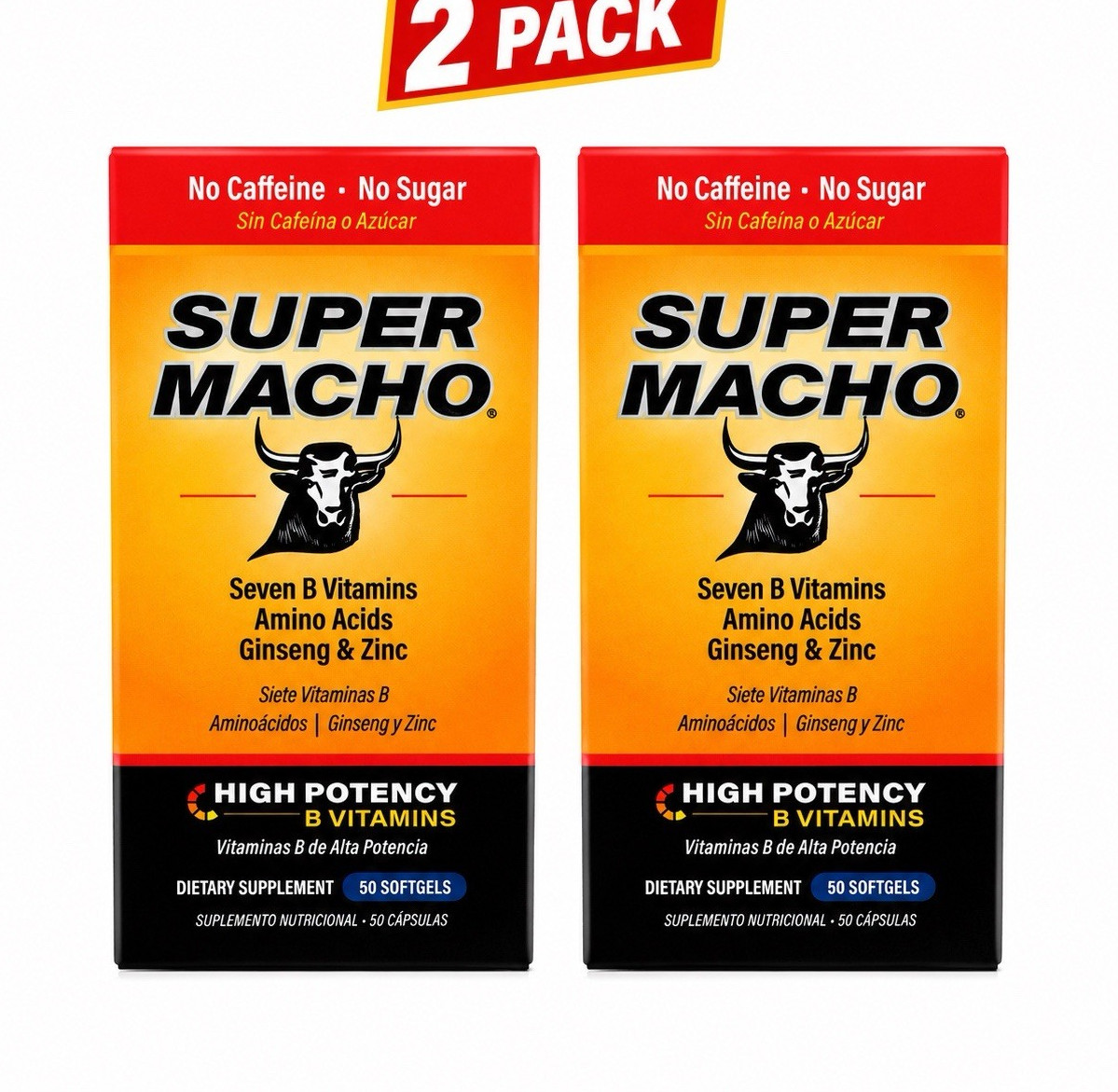 SUPER MACHO Men’s B Vitamins Softgels No Caffeine/Sugar 2 Pack (50 Each)