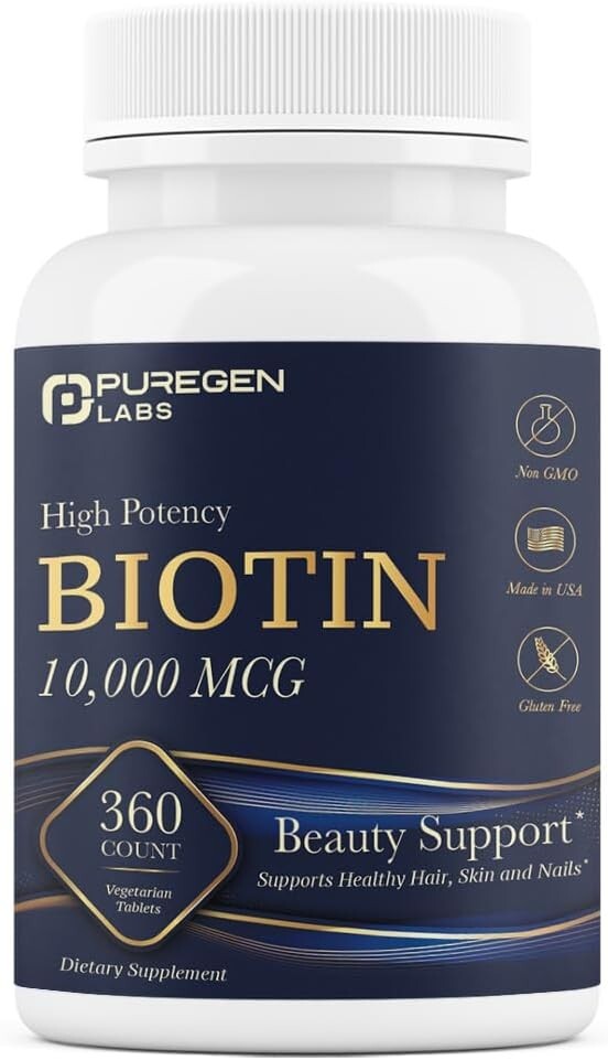 Puregen Labs Biotin 10,000 MCG Supports Healthy Hair, Skin & Nails 360 Veg Tabs