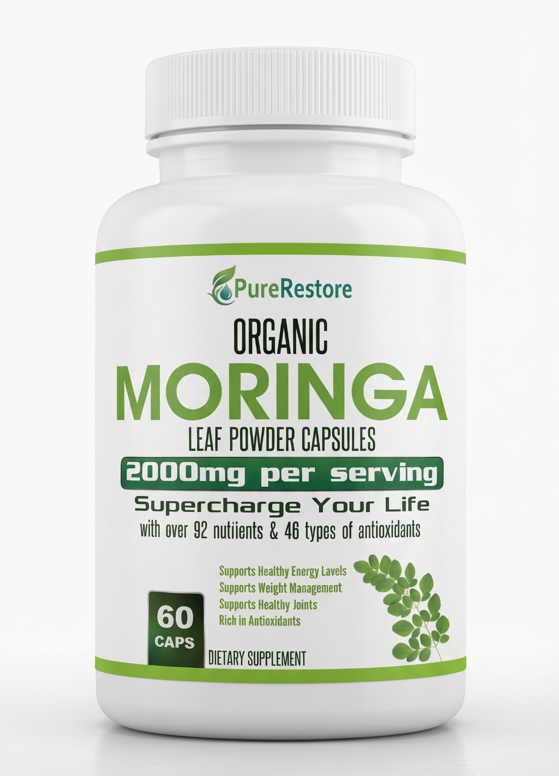 Organic Moringa Leaf Powder Capsules 2000mg, 120 Capsules