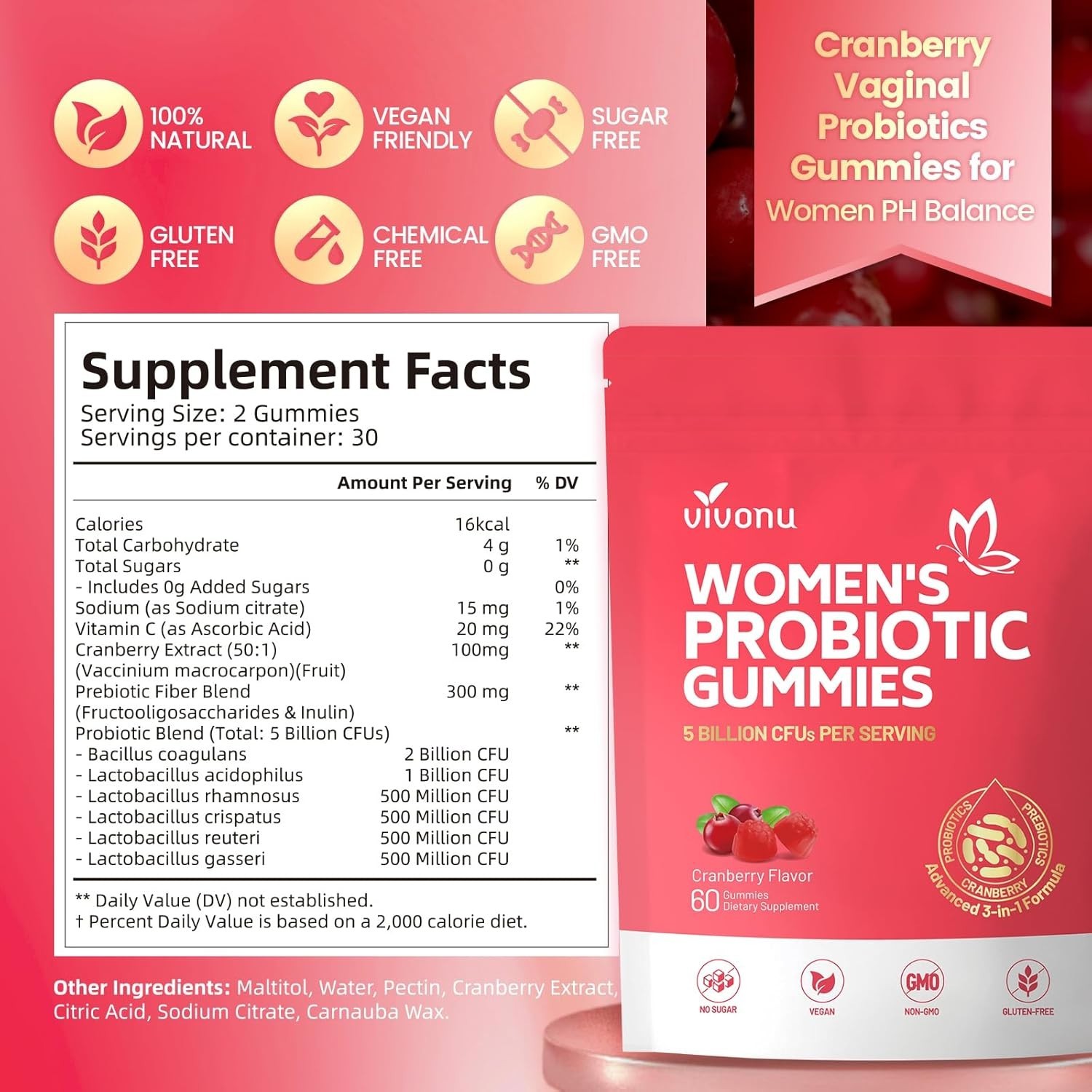 VivoNu Vaginal Probiotic Gummies Women pH Balance Yeast Flora Cranberry NEW US