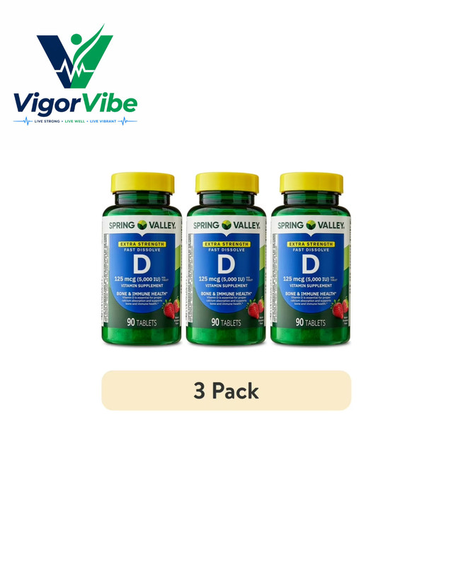 3 Pack Spring Valley Vitamin D3 5000 IU Fast Dissolve Tablets Strawberry 90 CT