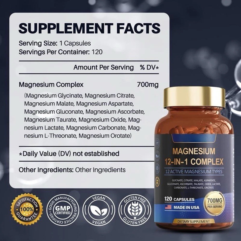 Magnesium Complex 700mg 12-in-1 Supplement, 120 Capsules for Daily Support