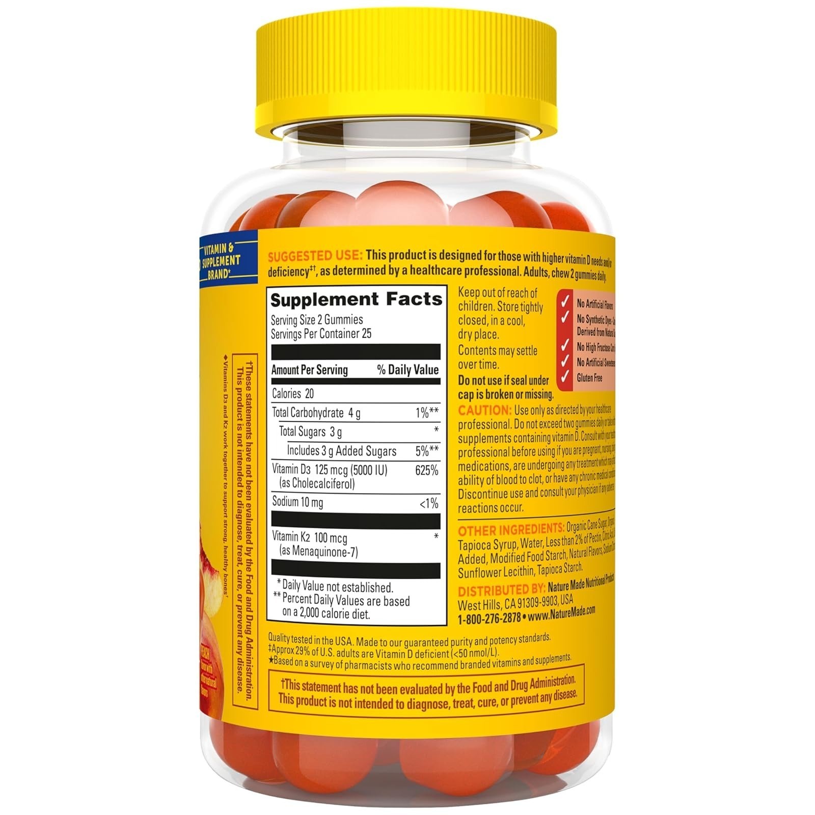 Nature Made Vitamin D3 K2 Gummies, 5000 IU, Peach Flavor, 50 Count