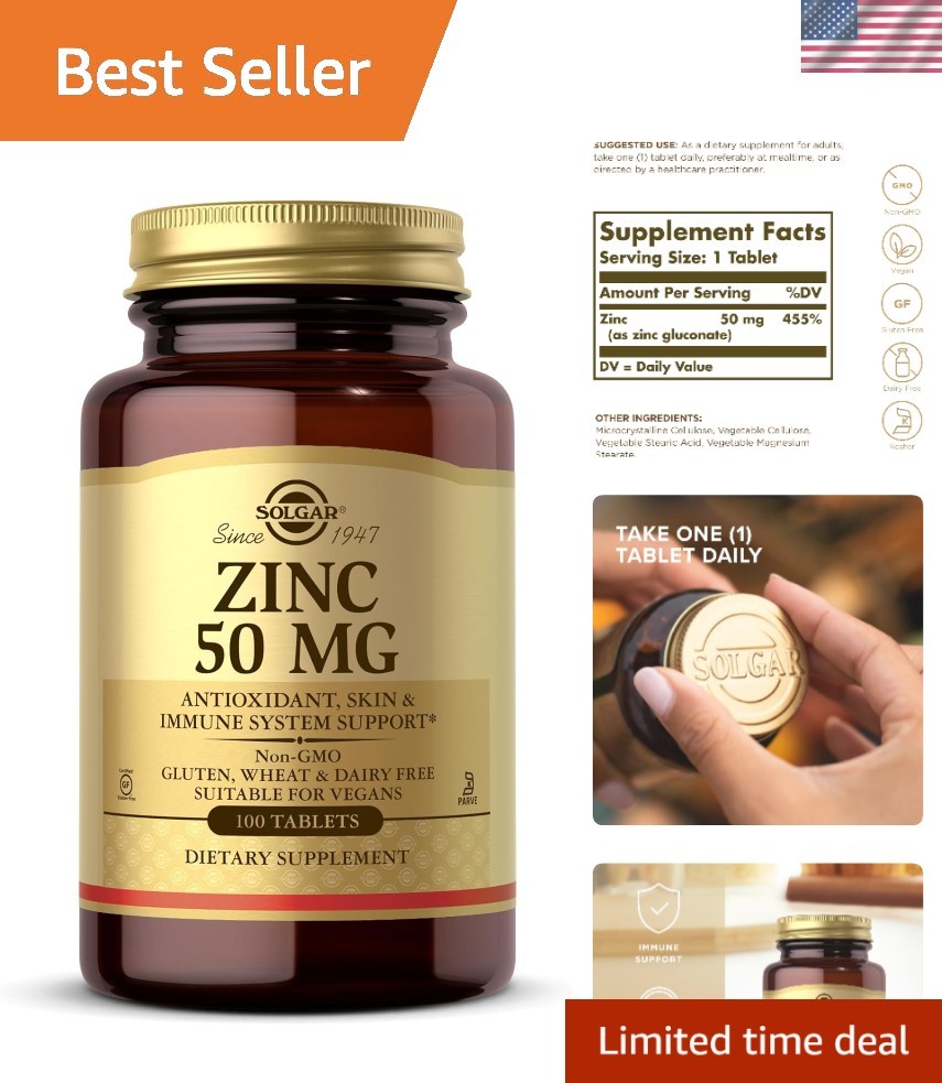 Zinc 50 mg Supplements – 100 Tablets for Skin Health and Antioxidant Support