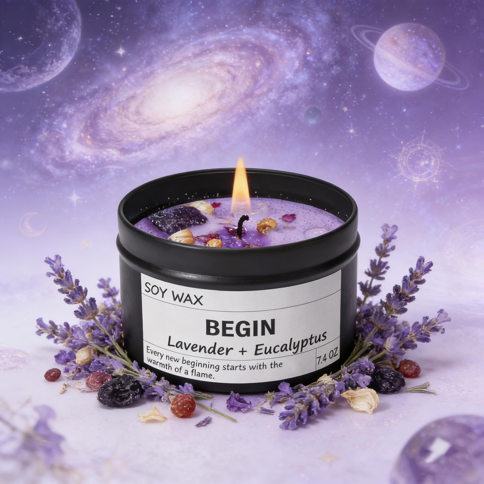 Begin New Beginnings Lavender & Eucalyptus Scented Candle, Black Jar with Pur…