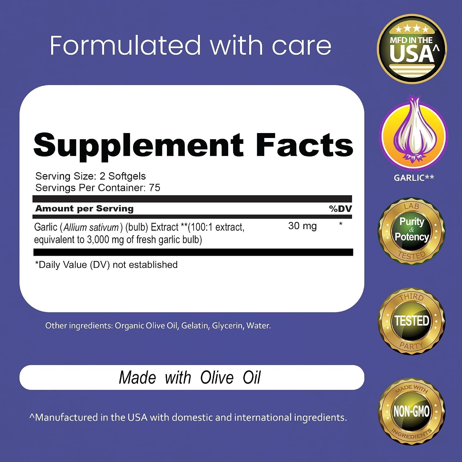 Pure Odorless Garlic with Organic Olive Oil – 150 Softgels, Gluten-Free Formula