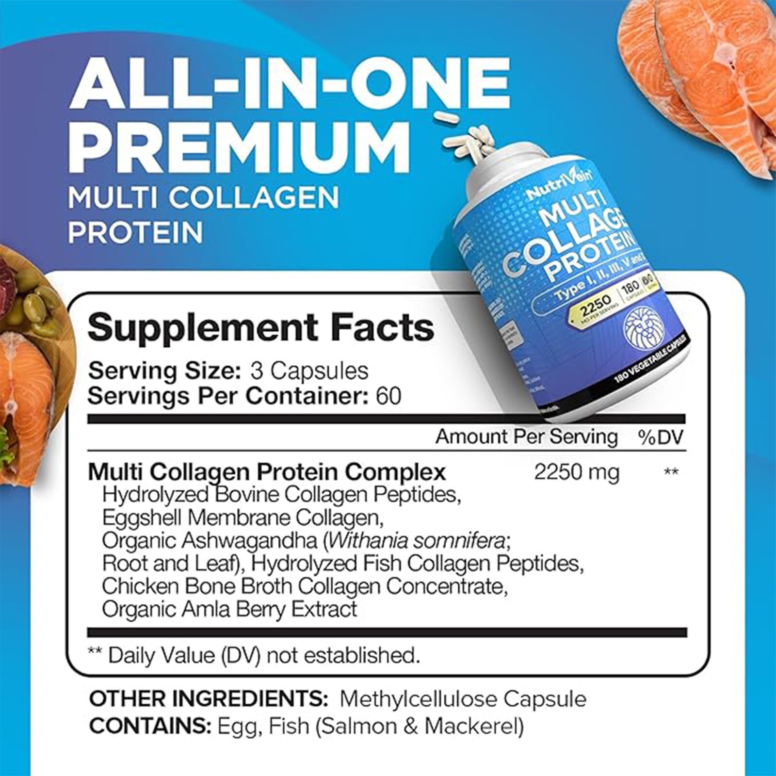 Nutrivein Multi Collagen Pills 2250mg – 180 Capsules – Hair, Skin, Nails, Bones
