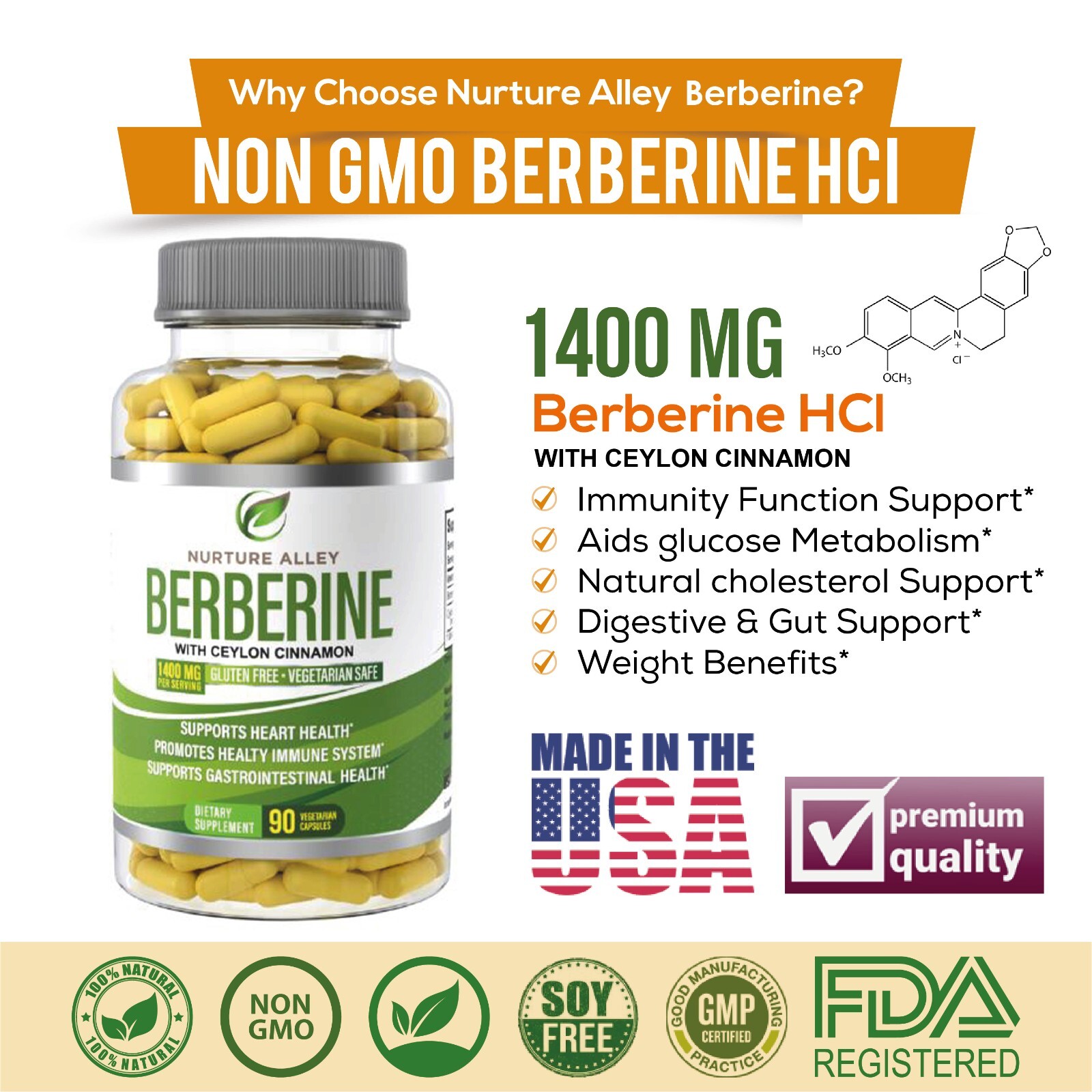 Nurture Alley Premium Berberine HCL 1400mg Plus Organic Ceylon Cinnamon 90 Caps