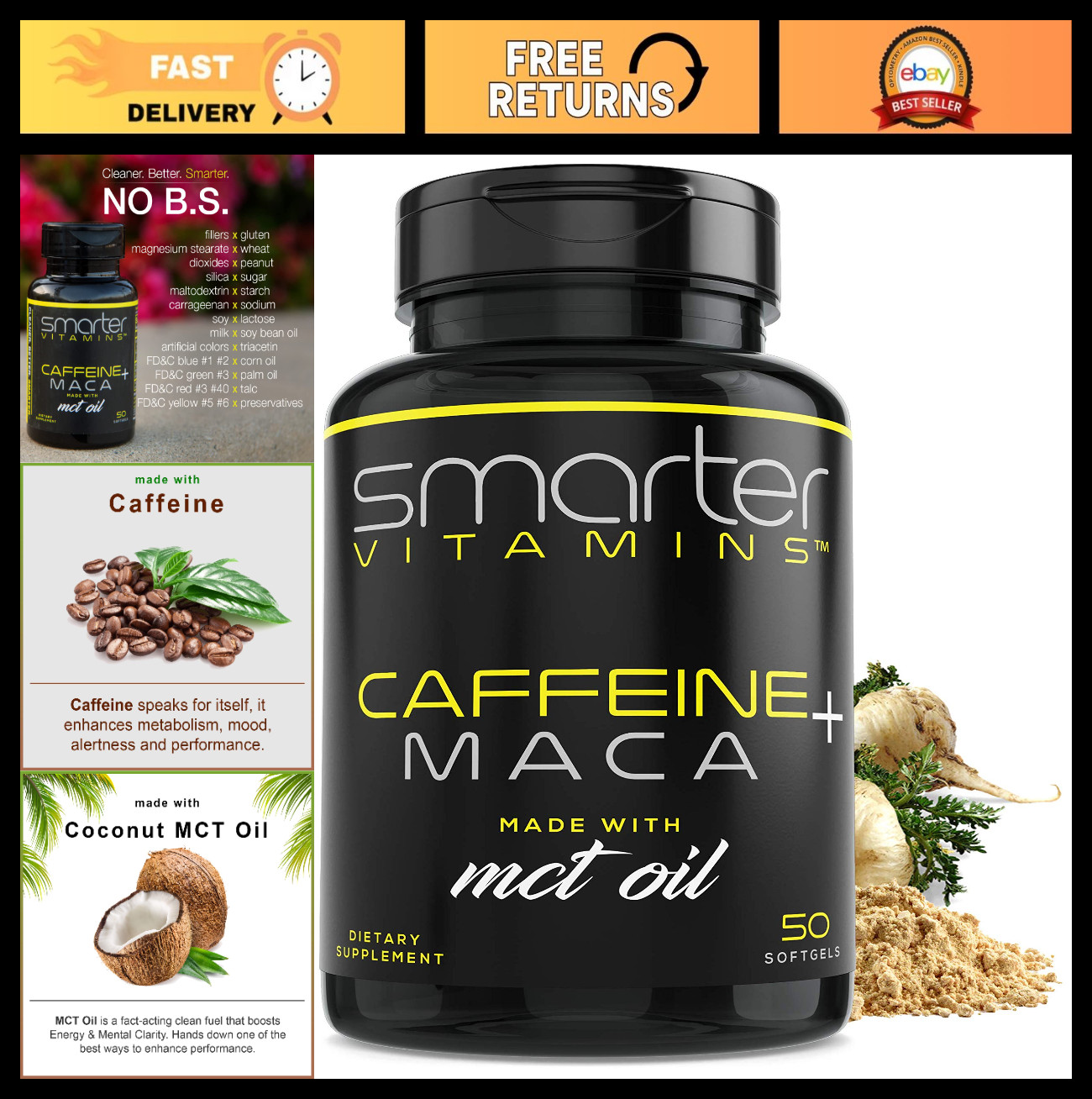 Energy Pills with 200mg Caffeine & Coconut MCT Oil, Maca Root – 50 Softgels