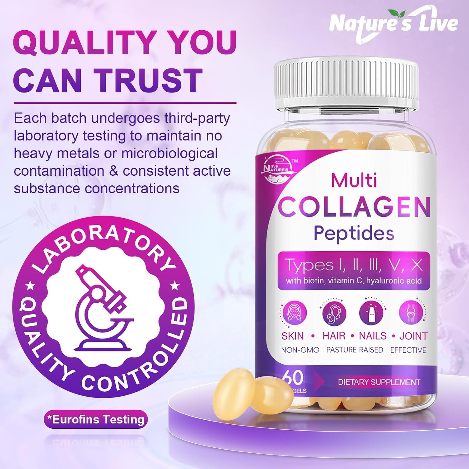 Multi Collagen Peptides Softgel – Type I, II, III, V, X 60 Count (Pack of 2)