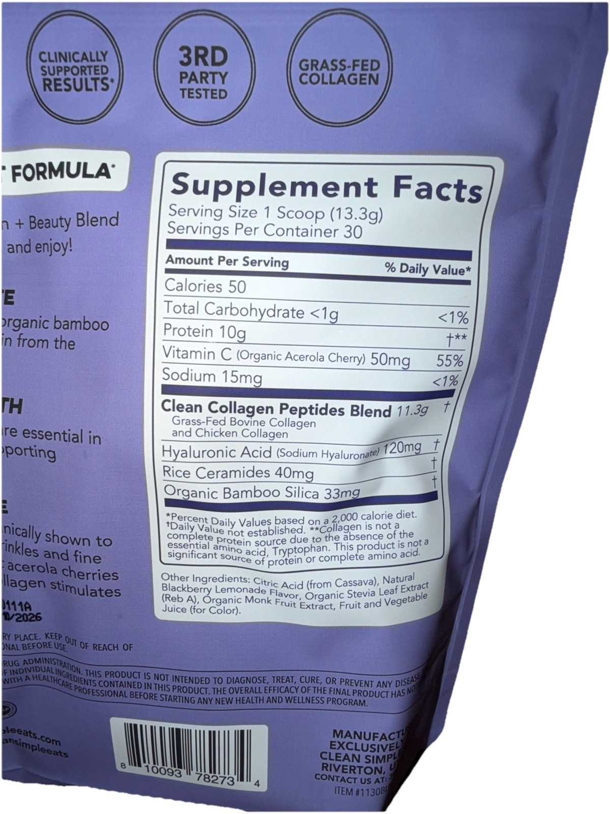 Clean Simple Eats Collagen + Beauty Blend, Blackberry Lemonade, 30 Servings