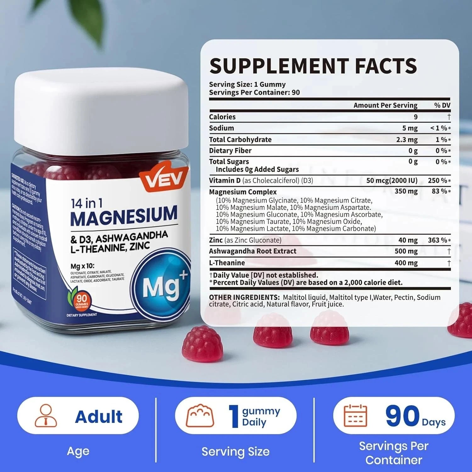 VEV 14-in-1 Magnesium Gummies – with Ashwagandha, L-Theanine, Vitamin D3 & Zinc
