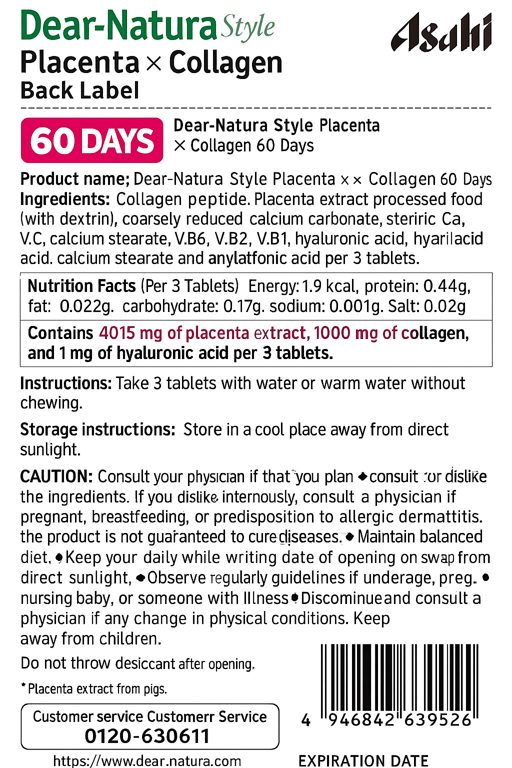 Asahi Dear-Natura Style Placenta × Collagen 180 Tablets (60 Days) Made in Japan
