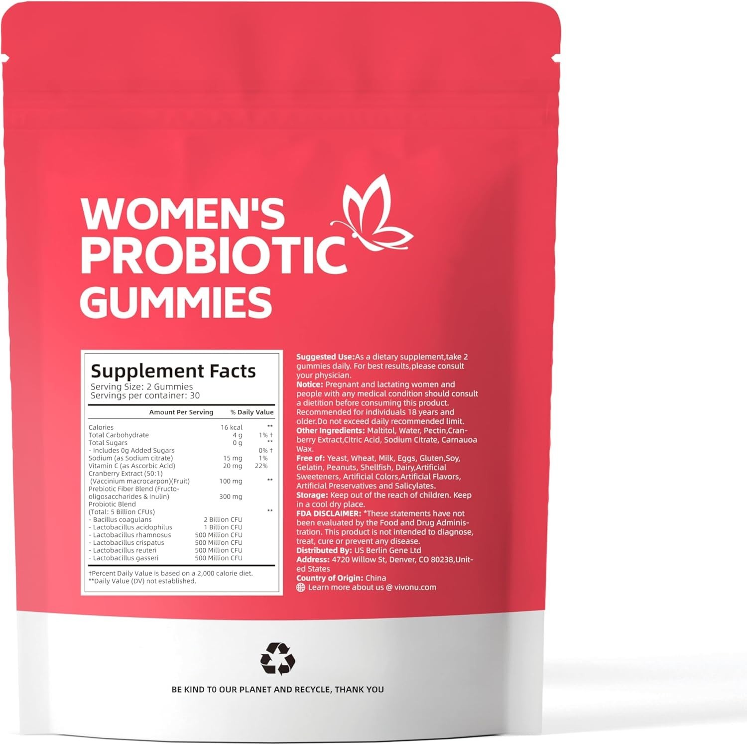 VivoNu Vaginal Probiotic Gummies Women pH Balance Yeast Flora Cranberry NEW US