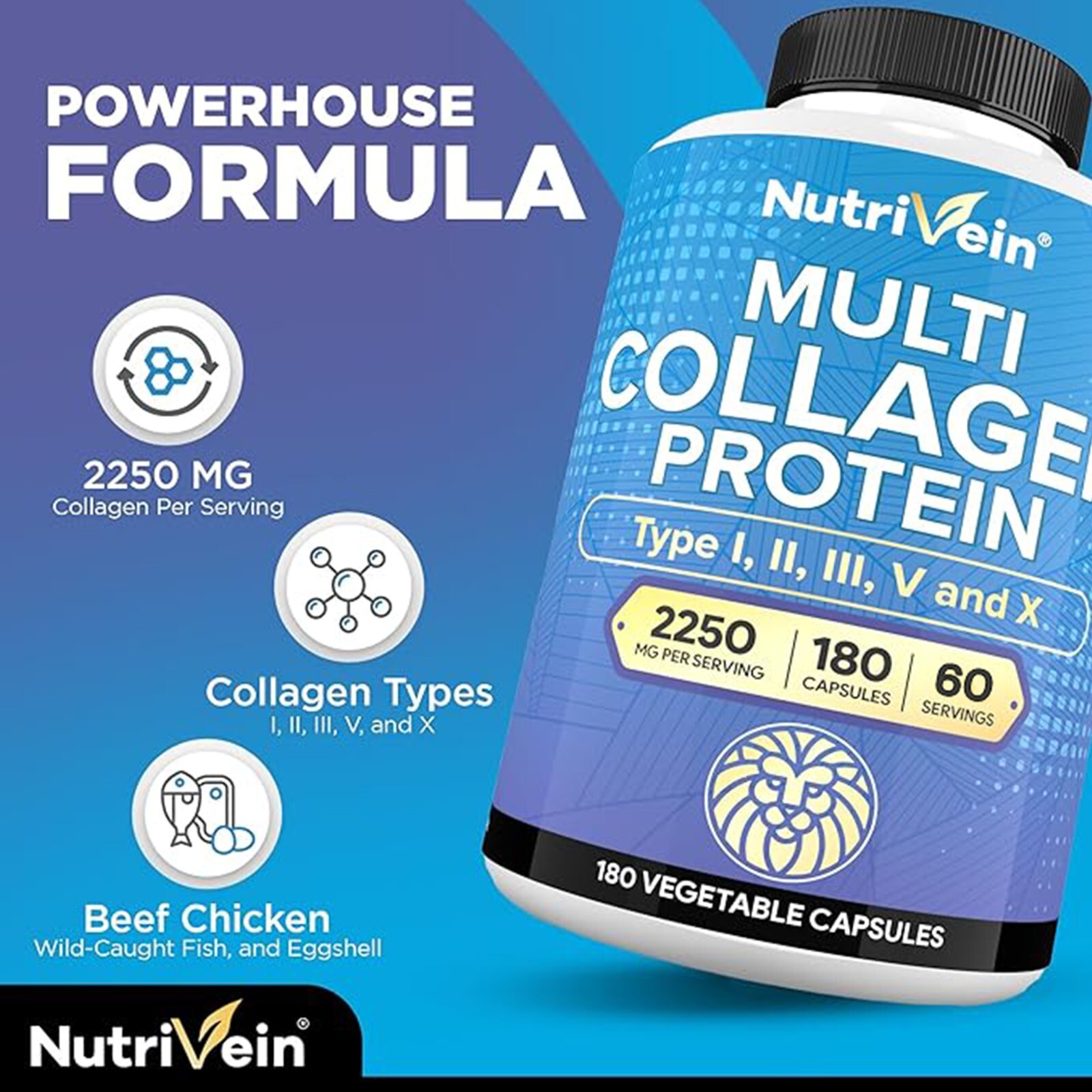 Nutrivein Multi Collagen Pills 2250mg – 180 Capsules – Hair, Skin, Nails, Bones