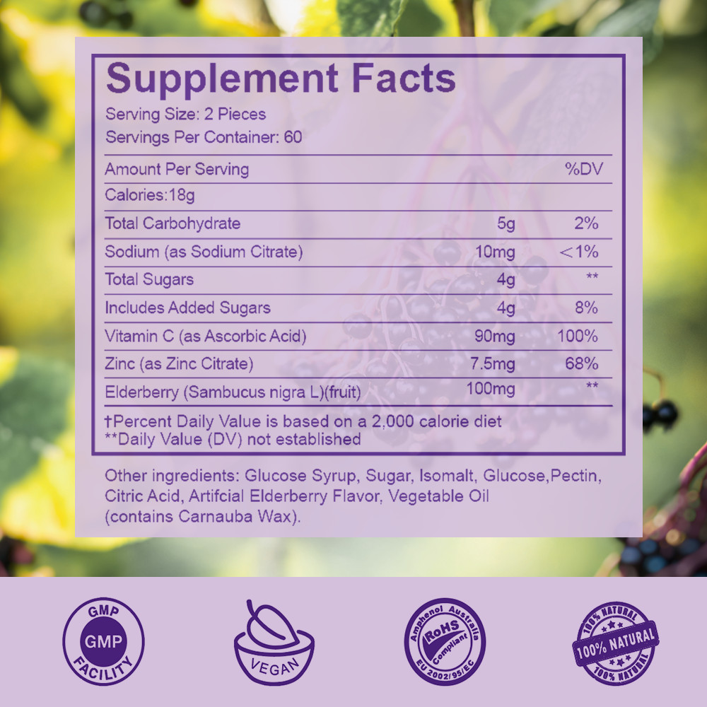 Black Elderberry Gummies Vitamin C Zinc Natural Berry Flavor Immune Boost 100MG